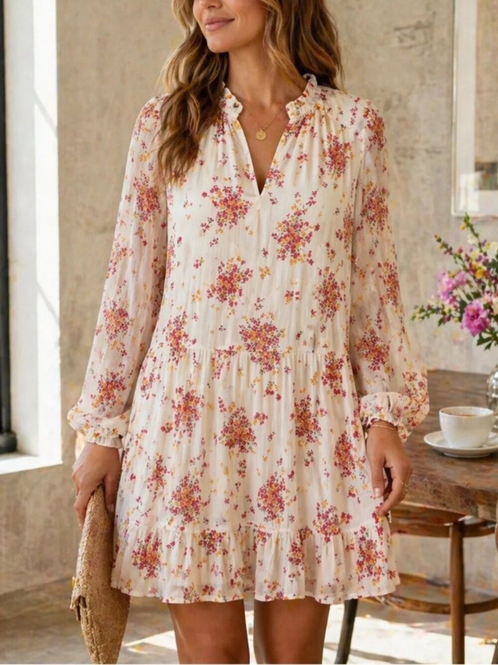 Vince Camuto White Floral Long Sleeve Tiered Mini Dress